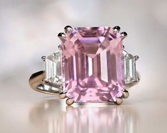 9.00 Carat Emerald Cut Kunzite and Platinum Ring - Trapezoid Diamonds on the Shoulder - Hand-Crafted