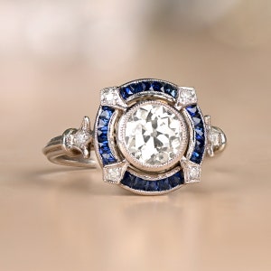 1.31ct Art Deco Style Old European Cut Diamond Engagement Ring with Halo Sapphire Accent. Platinum Ring. image 1