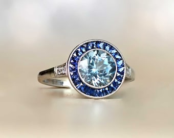 1ct Round Cut Aquamarine and Diamond Ring with Halo Sapphire Accent. Platinum Ring.
