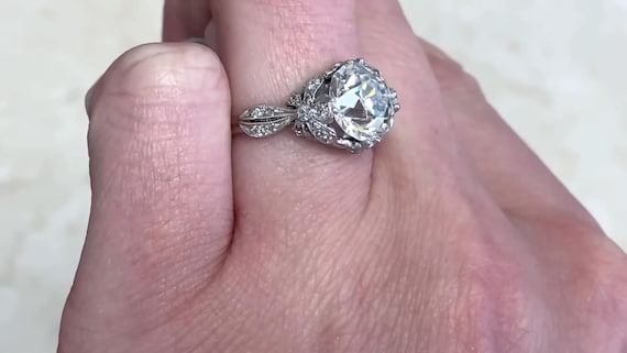 Edwardian Style. 2center-ct Old European Cut Diamond Ring. Diamond Set Floral and Bow Motifs Ring. Handcrafted in Platinum Diamond Ring.