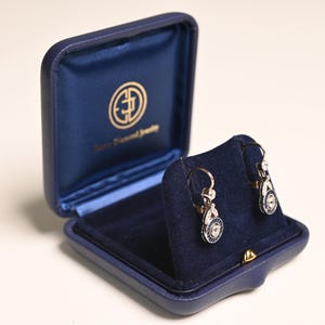 0.15ct Old European Cut Diamond Earring. Diamond and Sapphire Earring. Handcrafted in Platinum Earring with 18K Yellow Gold. Diamond Earring