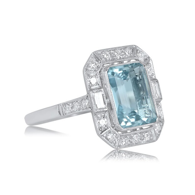 Aquamarine Diamond Halo and Platinum Engagement Ring image 4
