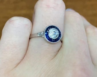 Art Deco Style Ring 0.50ct Antique Old European Cut Diamond Engagement Ring. French Cut Natural Sapphire Ring. Handcrafted in Platinum Ring.