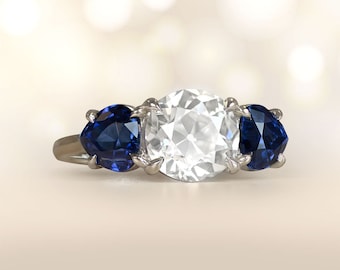 2.03ct Old European Cut Diamond and Sapphire Ring. Handcrafted Platinum Ring.