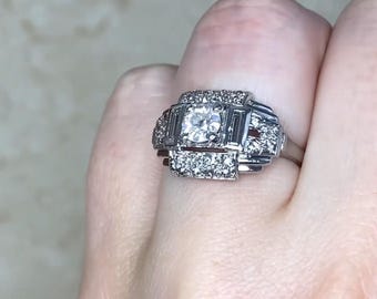 Vintage Retro. 0.45center-ct Old European Diamond Ring. Prong Set with Square Bezel Diamond Ring, Circa 1945. Handcrafted Platinum Ring.