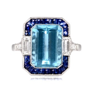 Emerald-Cut Aquamarine and Diamond Ring with Halo Sapphire Accent. Platinum Ring. image 2