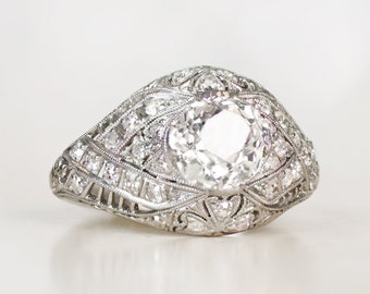 Antique Art Deco 1.38ct Diamond Engagement Ring, Circa 1920. Handcrafted Platinum Ring.