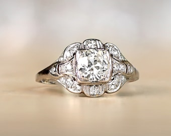 Vintage Art Deco 0.90ct Old European Cut Diamond Engagement Ring, Circa 1930. Handcrafted Plarinum Ring.
