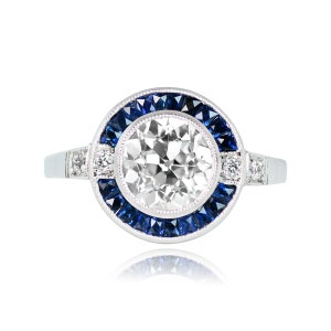 1.41ct Old European Cut Diamond Ring with Halo Sapphire Accent. Platinum Ring. image 2