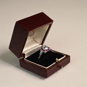 1center-ct GIA-Certified Old European Cut Diamond Ring. Halo and Ruby Diamond Ring. French Cut Ruby Ring. Handcrafted Platinum Ring.