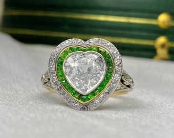 Sale - Antique Edwardian 1.60ct Antique Heart Shape Diamond and Emerald Ring, Circa 1900. Handcrafted Platinum on 18K Yellow Gold Ring.