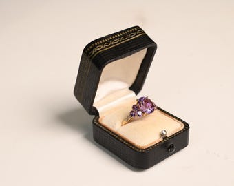 Vintage. 2.99center-ct Prong Set Oval Cut Amethyst Ring. February Birthstone Ring. Pave Set Diamond Ring. Handcrafted 18K Yellow Gold Ring.
