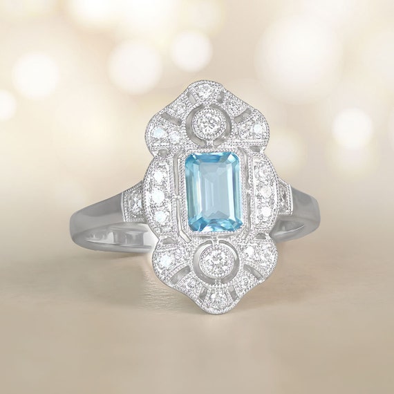 0.55ct Emerald Cut Aquamarine and Diamond Ring. P… - image 1