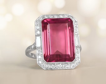 12.11ct Emerald Cut Rubellite Ring with Halo Diamiond Accent. Platinum Ring.