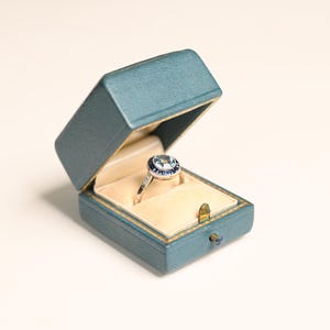 1center-ct Round Cut Aquamarine and Diamond Ring. Three-Diamond Ring with French Cut Calibre Sapphire Ring. Made in Platinum Ring.