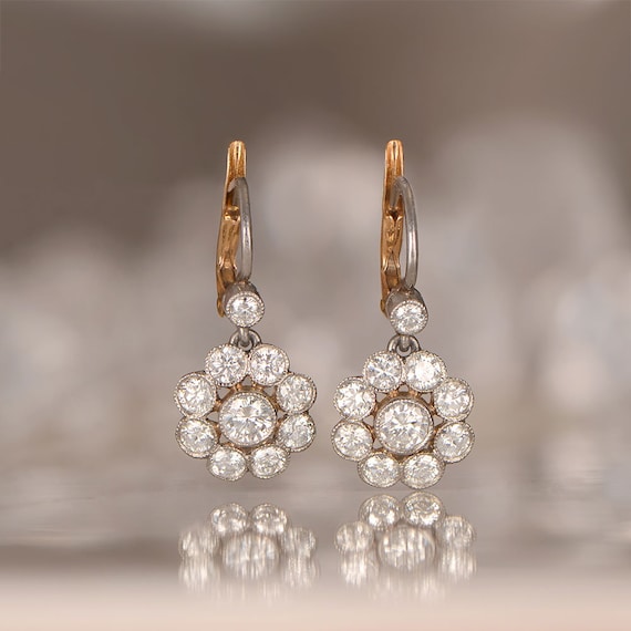 Floral Motif Cluster Diamond Earrings Estate Diamond Earrings Etsy