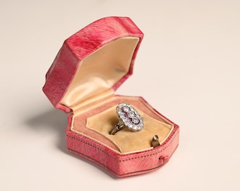 Edwardian 0.15center-ct Three Old European Cut Diamond Ring. Halo Natural French Cut Rubies Accent, Circa 1910. Handcrafted Platinum Ring.