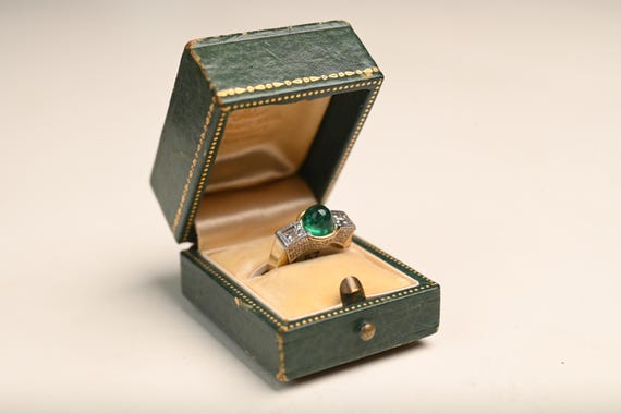 Retro 2center-ct Cabochon Emerald Ring. English Emerald and Diamond Ring, Circa 1940 Ring. Made in Platinum on an 18k Yellow Gold Ring.