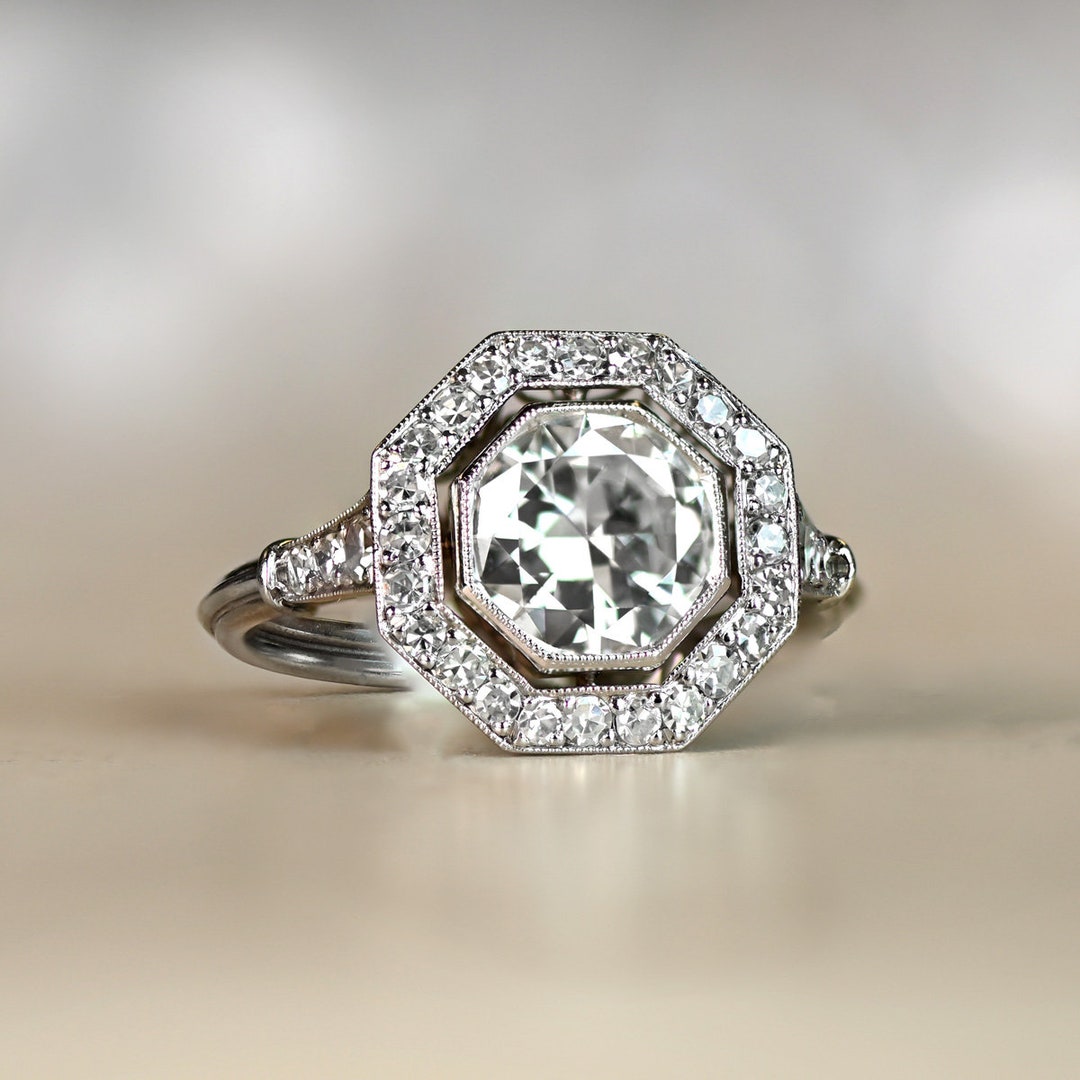 1.30 Carat Transitional Cut Diamond and Octagon Diamond Halo Engagement Ring Platinum and Diamond Ring Etsy