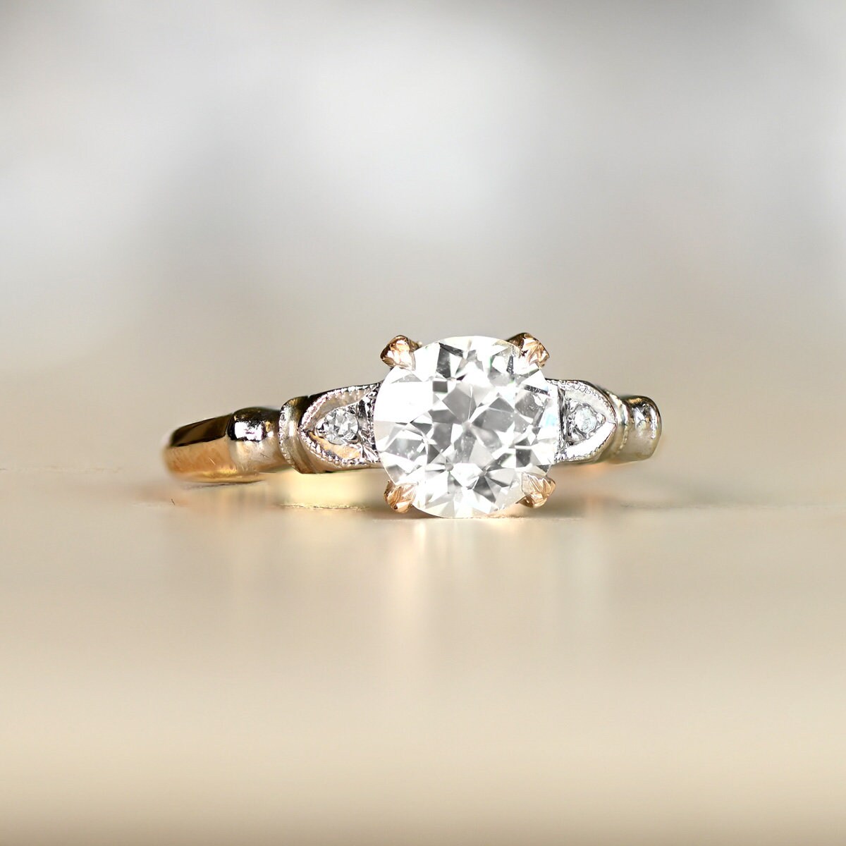 1.26ct Old European Cut Diamond Engagement Ring Circa 1940. 14K