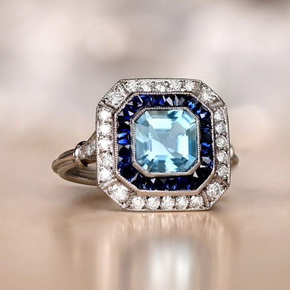 Asscher Cut Aquamarine Ring Natural French Cut Sapphire and - Etsy