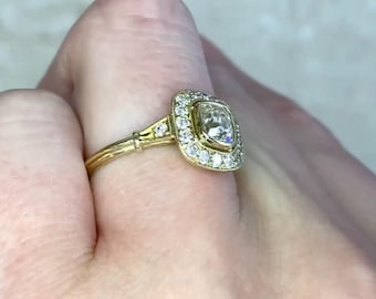 0.63ct Diamant im Kissenschliff Verlobungsring. Halo Pave-gefasster Altschliff Diamant Ring. 18K Gelbgold Ring H Color und VS1 Klarheit