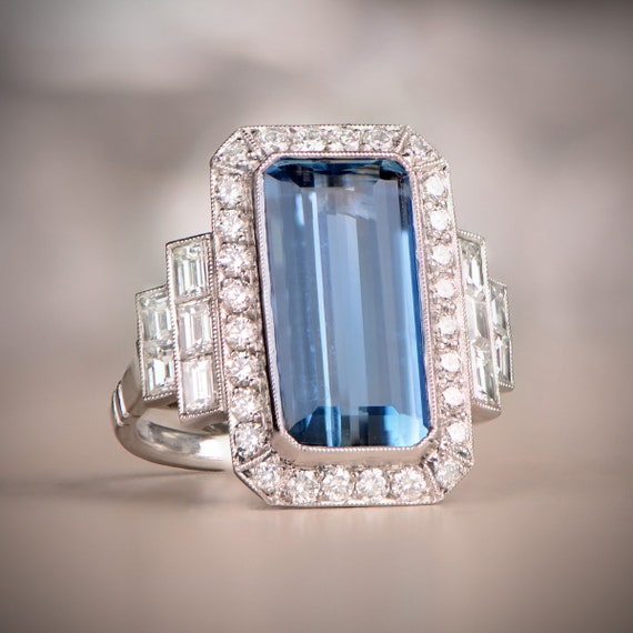 Aquamarine and Diamond Halo Ring - 5.30 Carat Nat… - image 1