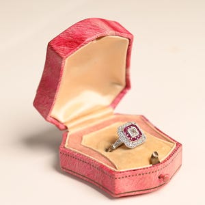 GIA-Certified 0.51center-ct Asscher Cut Diamond Engagement Ring. Row of Old European Cut Ring. French Cut Ruby Ring. Made in a Platinum Ring