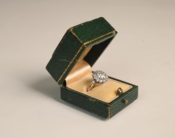 1center-ct Old European Cut Cluster Diamond Ring. Prong-Set Diamond Ring. Cluster and Halo Diamond Ring. Platinum on 18K Yellow Gold Ring