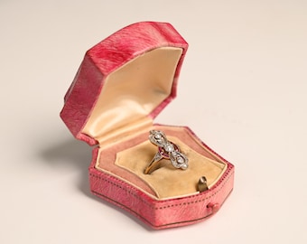 Antique Edwardian Era. 0.15center-ct Old European Cut Diamond Ring in Bezel Set, Circa 1900. Handcrafted in Platinum 18K Yellow Gold Ring.