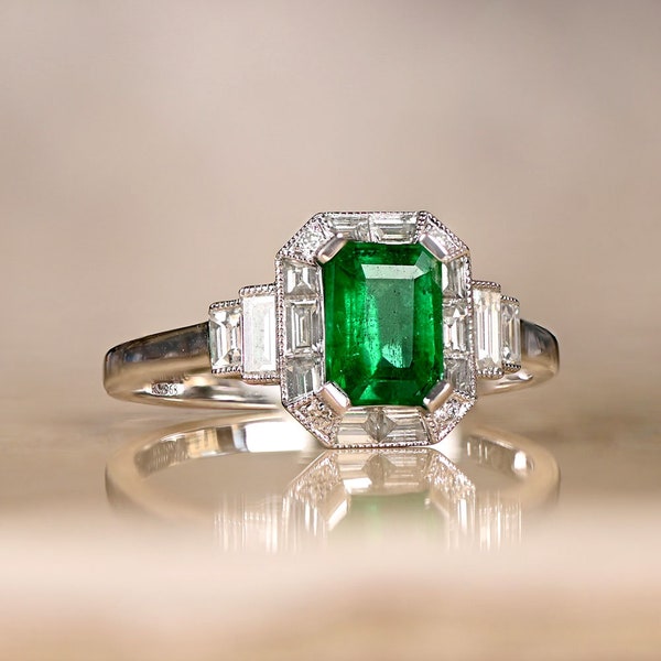 0,79ct Emerald Cut  Emerald Ring with Halo Diamond Accent. Handcrafted in 14K White Gold Ring.