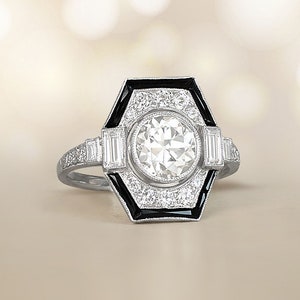 1.09 Carat Old European Cut Diamond and Onyx Halo Ring - Art Deco Style Engagement Ring