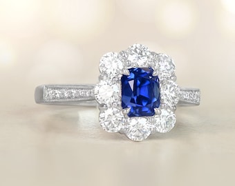 1.45ct AGL-Certified Cushion Cut Sapphire Ring with a Halo Diamond Accent. Handcrafted Platinum Ring.