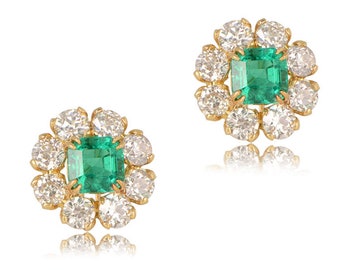 Emerald and Diamond Halo Floral Earrings - 18k Yellow Gold and Natural Gemstone Earring