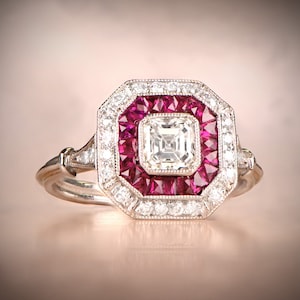 Sale - 0.50ct Asscher Cut Diamond Engagement Ring with Double Halo Accent. Platinum Ring.