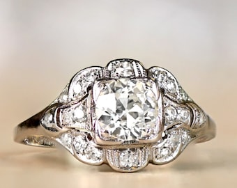 Vintage Art Deco 0.92ct Old European Cut Diamond Engagement Ring, Circa 1930. Handcrafted Platinum Ring.