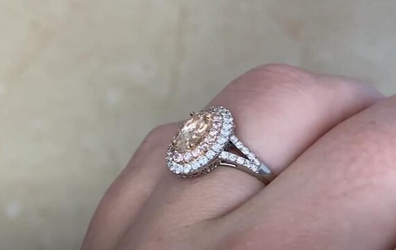 0.83center-ct Elongated Oval Shaped Pink Diamond Ring. Double Halo of Pink and White Diamond Ring. 18K Yellow Gold Ring. Pink Diamond Ring
