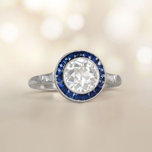 1.20ct Old European Cut Diamond Ring. Bezel Set Diamond and Sapphire Ring. Handcrafted Platinum Ring.