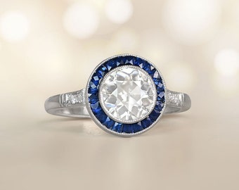 1.20ct Old European Cut Diamond Ring. Bezel Set Diamond and Sapphire Ring. Handcrafted Platinum Ring.