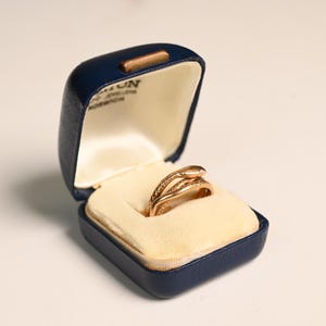 Puede incluir: Un anillo dorado con diseño de serpiente descansa en un joyero azul marino abierto. El anillo está enrollado, con una superficie texturizada. El joyero tiene un interior color crema y un cierre dorado.