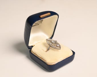 Antique Edwardian Navette Ring. 0.30center-ct Old European Cut Diamond Ring, Circa 1900. Handcrafted Platinum Ring. I Color and VS2 Clarity.