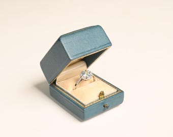 0.70center-ct Floral Style Round Cut Aquamarine Ring with  Halo Diamond Accent. March Birthstone Ring. Platinum Ring. Aquamarine Birthstone.