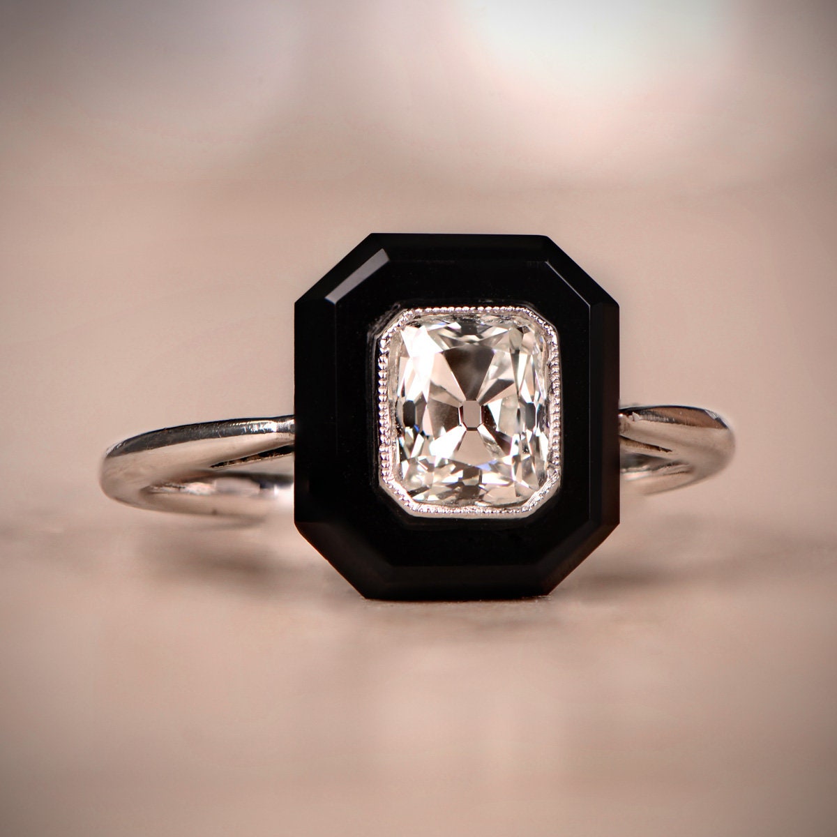 1 10ct Diamond Engagement Ring With Onyx Halo Featuring Antique 1 10 Carat Diamond Center Estate Diamond Jewelry Collection
