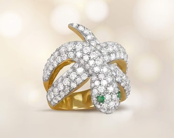 3.5ct Round Brilliant Cut Diamond and Emerald Ring. Silver on 18K Yellow Gold Ring.