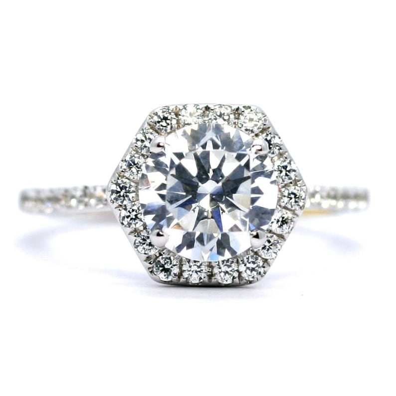 Unique Hexagon Shaped Halo Diamond Engagement Ring Setting for 2 Carat