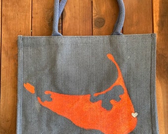 Navy Hand Painted Nantucket Island Burlap Tote- Large