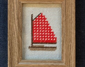 Framed Miniature Nantucket Rainbow Fleet Needlepoint- Red Dot Sail
