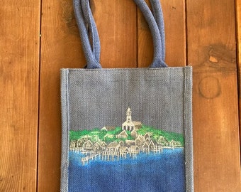 Navy Hand Painted Nantucket Harbor View Burlap Tote Bag- Small