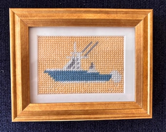 Miniature Framed Boston Whaler Boat Needlepoint