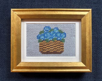 Miniature Framed Blue Hydrangea Needlepoint
